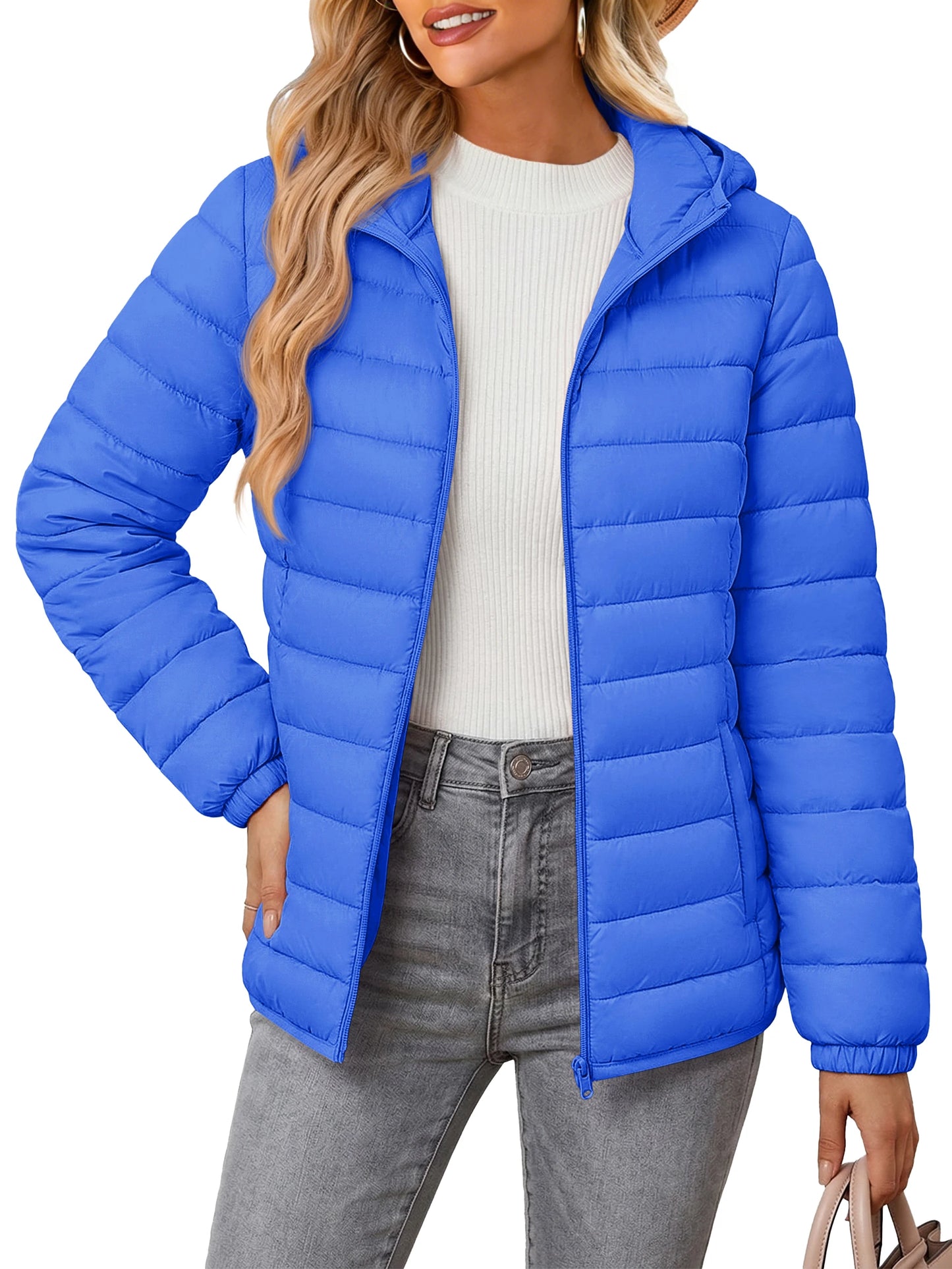 TACVASEN Warm Puffer Jackets Hooded Womens Full Zip Multi-pockets Quilted Jacket Winter Waterproof Camping Down Coat Lightweight