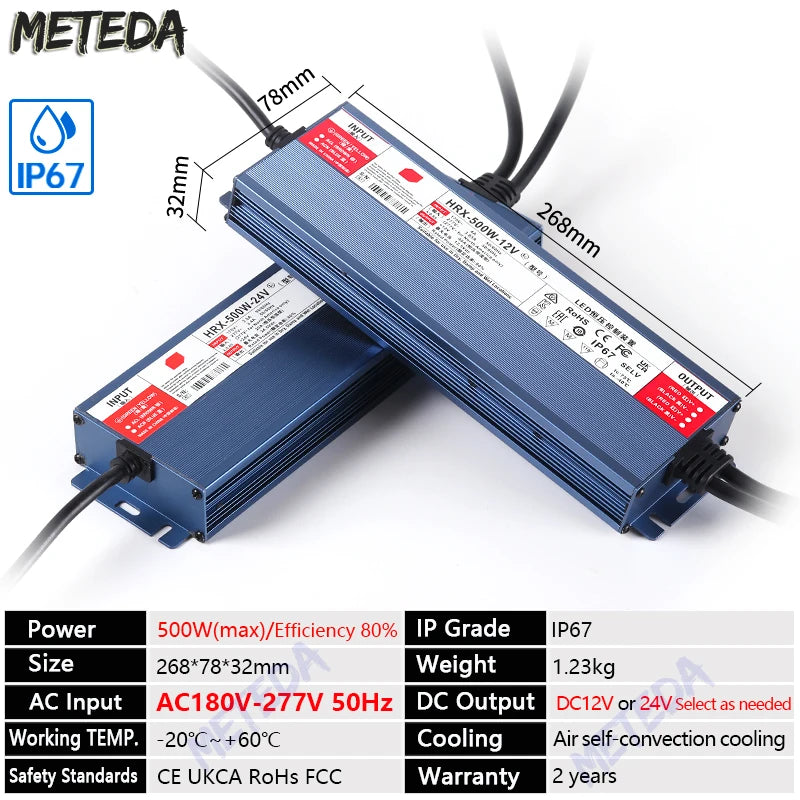 IP67 waterproof power supply DC 12V 24V LED outdoor lighting transformer LED driver 60W 100W 200W 300W 400W 500W 600W