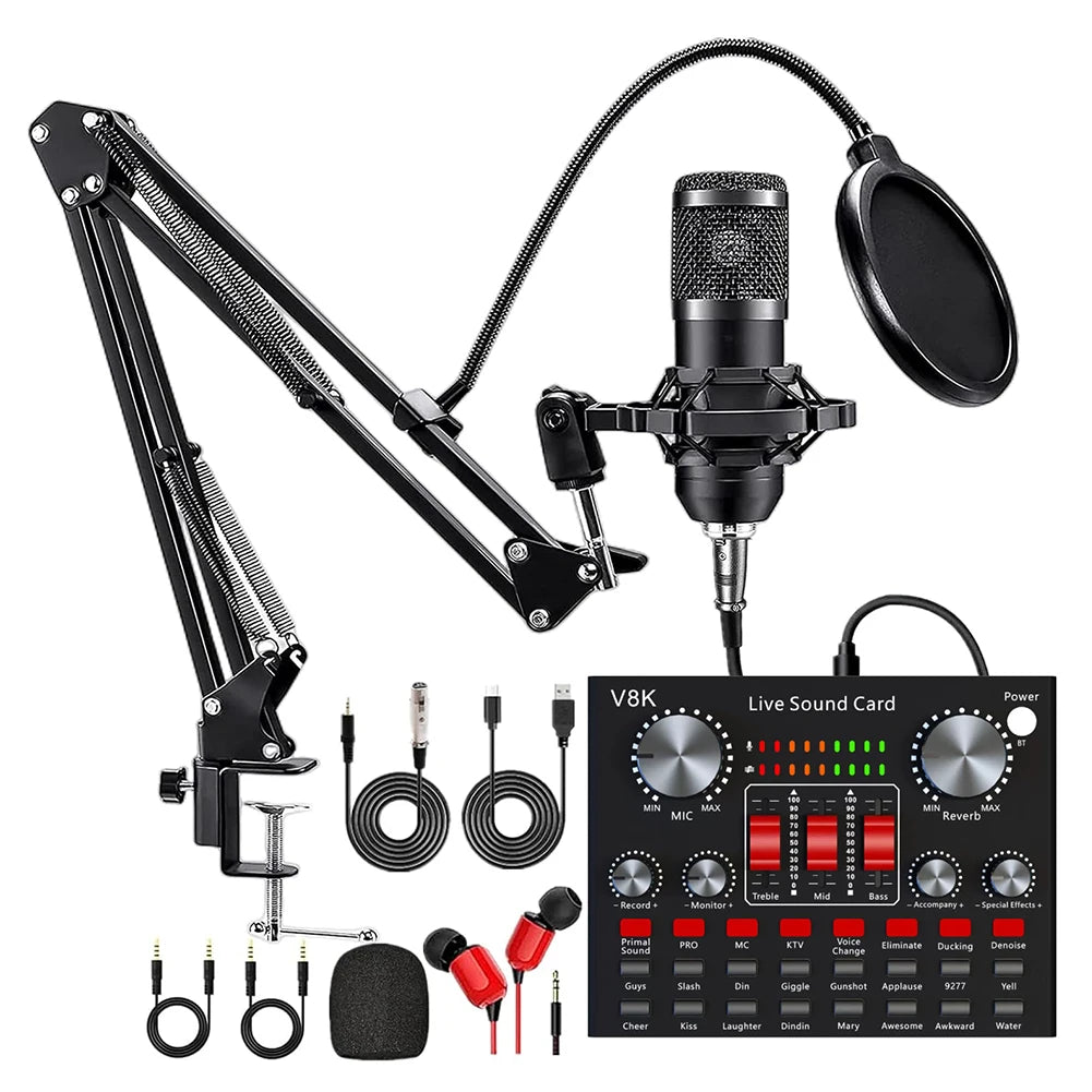All-in-One Podcast Equipment Bundle Audio Mixer V8K Live Sound Card with BM800 Microphone for Podcasting Gaming Music Recording