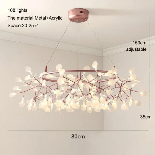 Nordic Rose Gold Black Branch Firefly Indoor Chandelier,Hanging Living Dining Room Restaurant Kitchen Pendant Lamp Home Decor