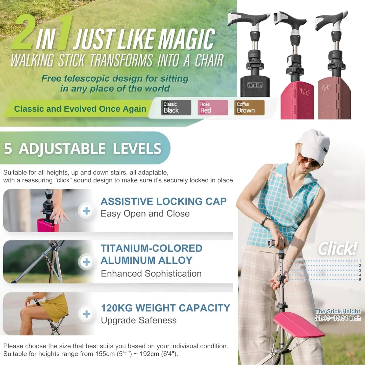 Portable Trekking Hiking Pole with Foldable Seat, Lightweight Aluminum Walking Stick for Easy Carry and Storage