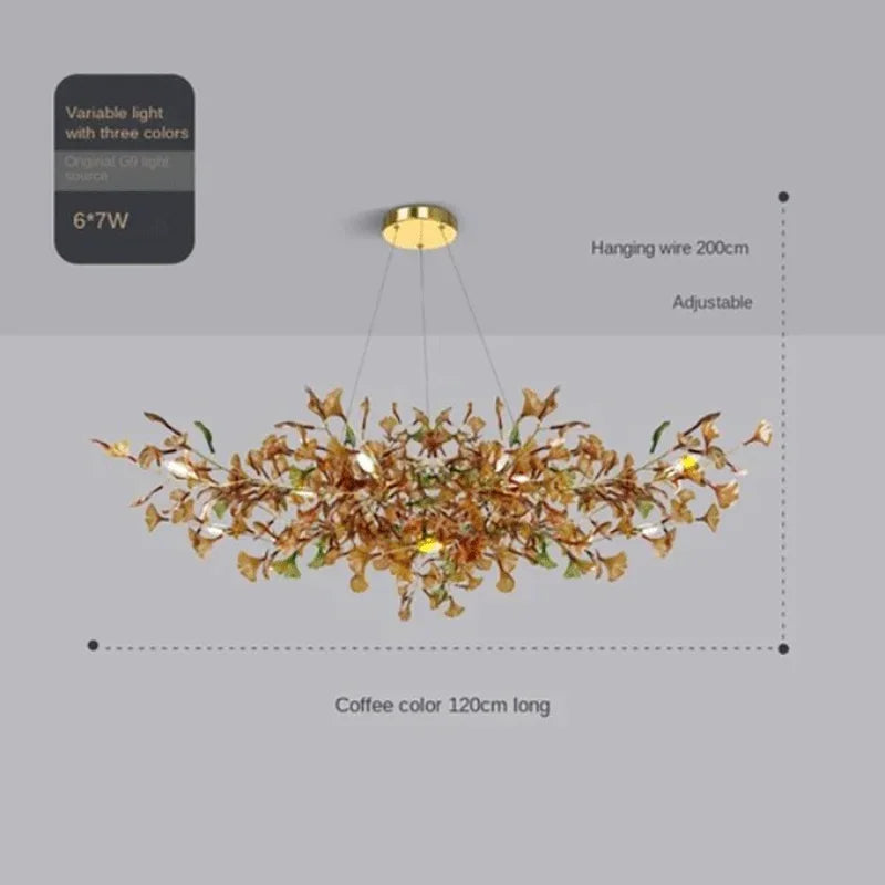 Modern Minimalist Ginkgo Leaf Glass LED Chandelier Living Room Dining Room Hanging Indoor Home Decoration Lighting Fixtures