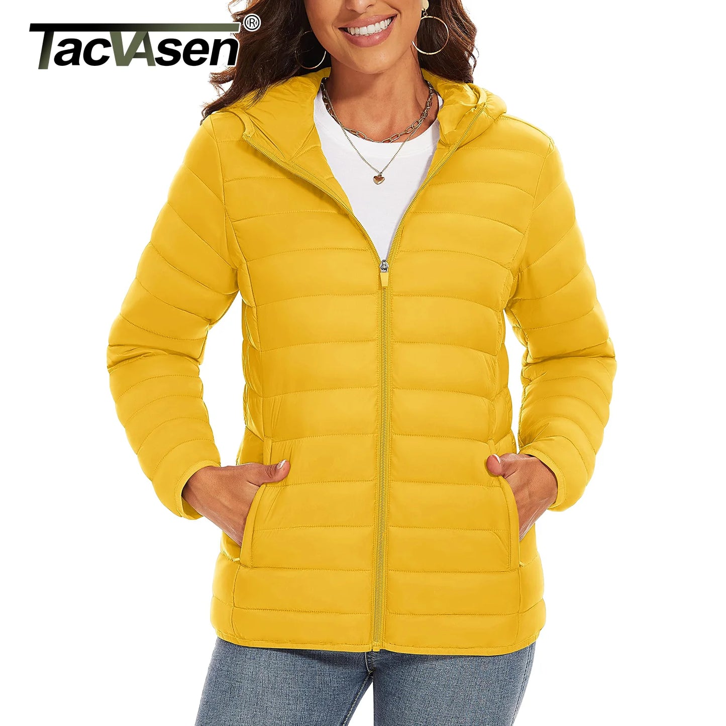 TACVASEN Warm Puffer Jackets Hooded Womens Full Zip Multi-pockets Quilted Jacket Winter Waterproof Camping Down Coat Lightweight