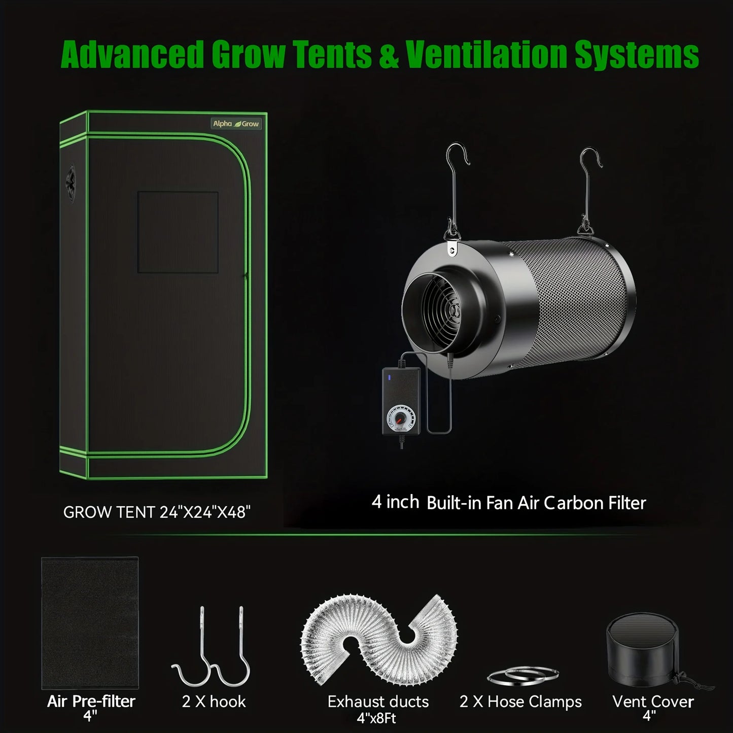 ALPHAGROW Elite 2x2 Grow Suite: AG1000 LED, 6" 2-in-1 Ventilation, Grow Tent Package | 100W Dimmable Full Spectrum, Australian C