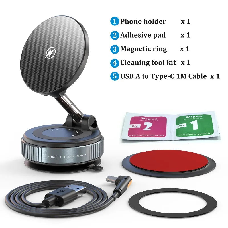 PlusAcc Vacuum Magnetic Car Phone Holder with Wireless Charger 360° Adjustable Suction Cup Mount for iPhone 17/16/15/14 Pro Max