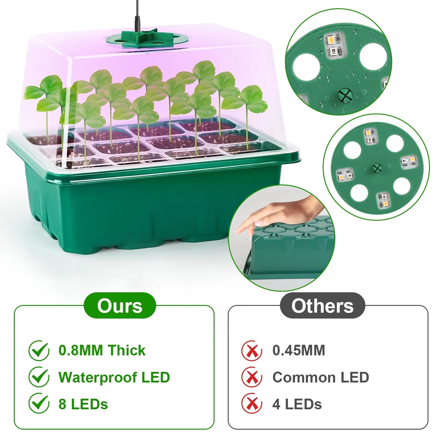 [US Stock] 5 Pack Seed Starter Trays with Grow Light 60 Cells Seedling Starter Kit Full Spectrum Indoor Plant Greenhouse with Ti