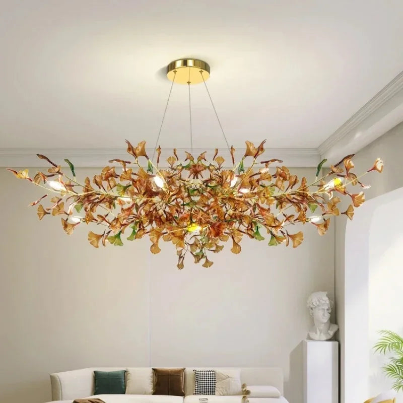 Modern Minimalist Ginkgo Leaf Glass LED Chandelier Living Room Dining Room Hanging Indoor Home Decoration Lighting Fixtures
