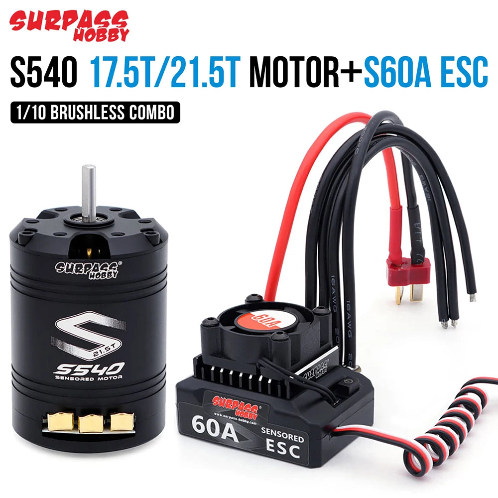 SURPASSHOBBY Brushless Motor ESC Combo Sensored S540 17.5T 21.5T Motor 60A Sensored ESC 32-bit 6V/3A BEC For 1/10 RC Cars