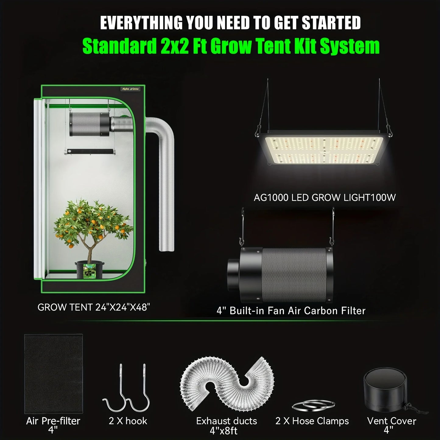 ALPHAGROW Elite 2x2 Grow Suite: AG1000 LED, 6" 2-in-1 Ventilation, Grow Tent Package | 100W Dimmable Full Spectrum, Australian C