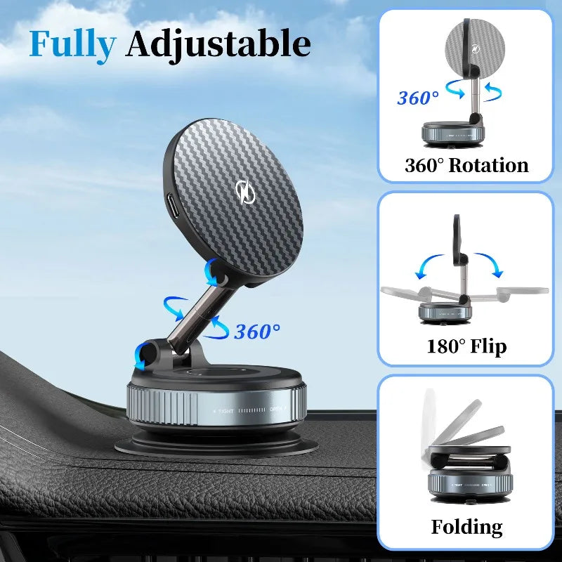 PlusAcc Vacuum Magnetic Car Phone Holder with Wireless Charger 360° Adjustable Suction Cup Mount for iPhone 17/16/15/14 Pro Max