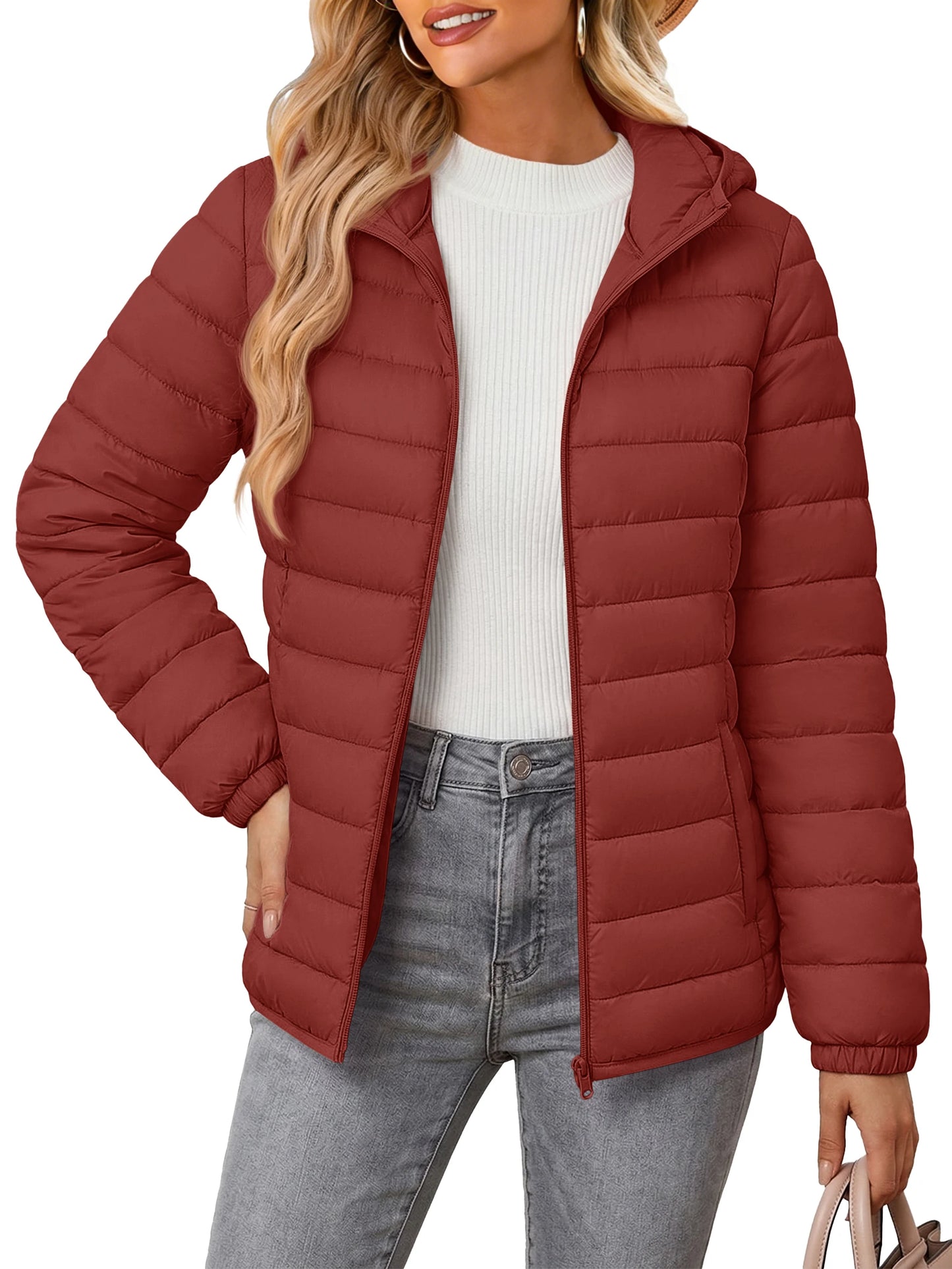 TACVASEN Warm Puffer Jackets Hooded Womens Full Zip Multi-pockets Quilted Jacket Winter Waterproof Camping Down Coat Lightweight
