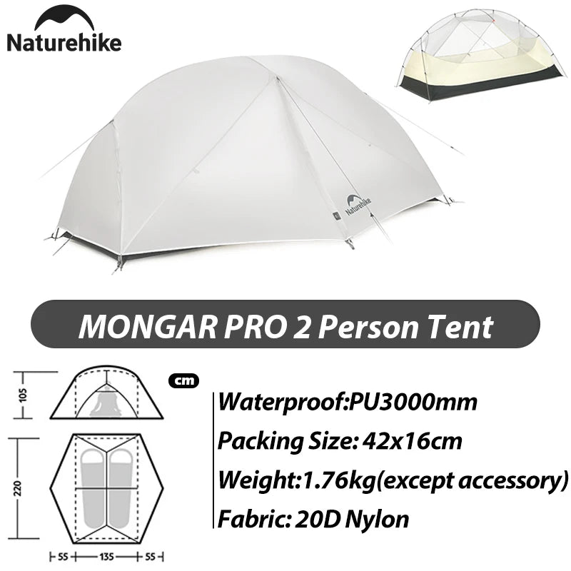 Naturehike Mongar Pro 123 Ultralight Three Season Outdoor Waterproof 20D Nylon Hiking Tent 2 Person Rucksack Camping Riding Tent