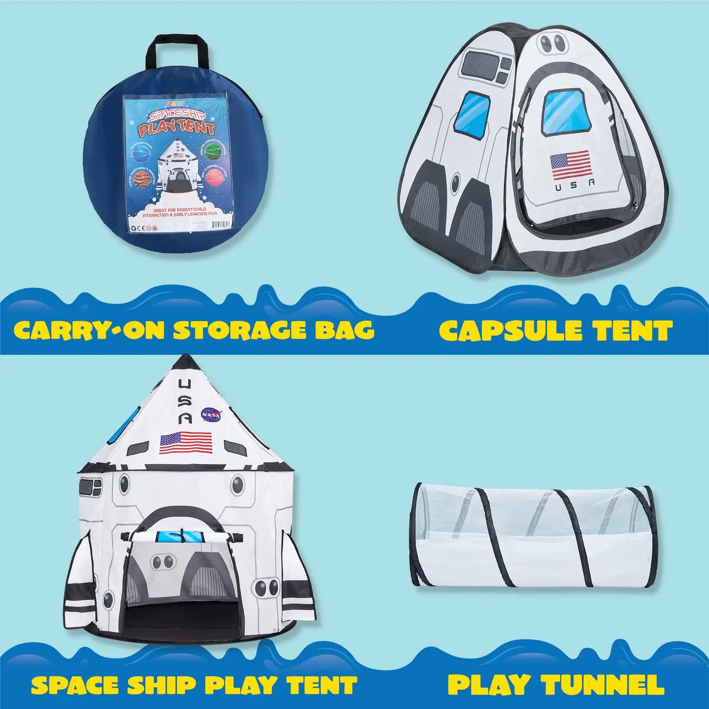 Joyfy Rocket Ship Play Tents Set Pop up Play house with Tunnel 3-Piece Play Tent for Kids Pretend Play Birthday Gift