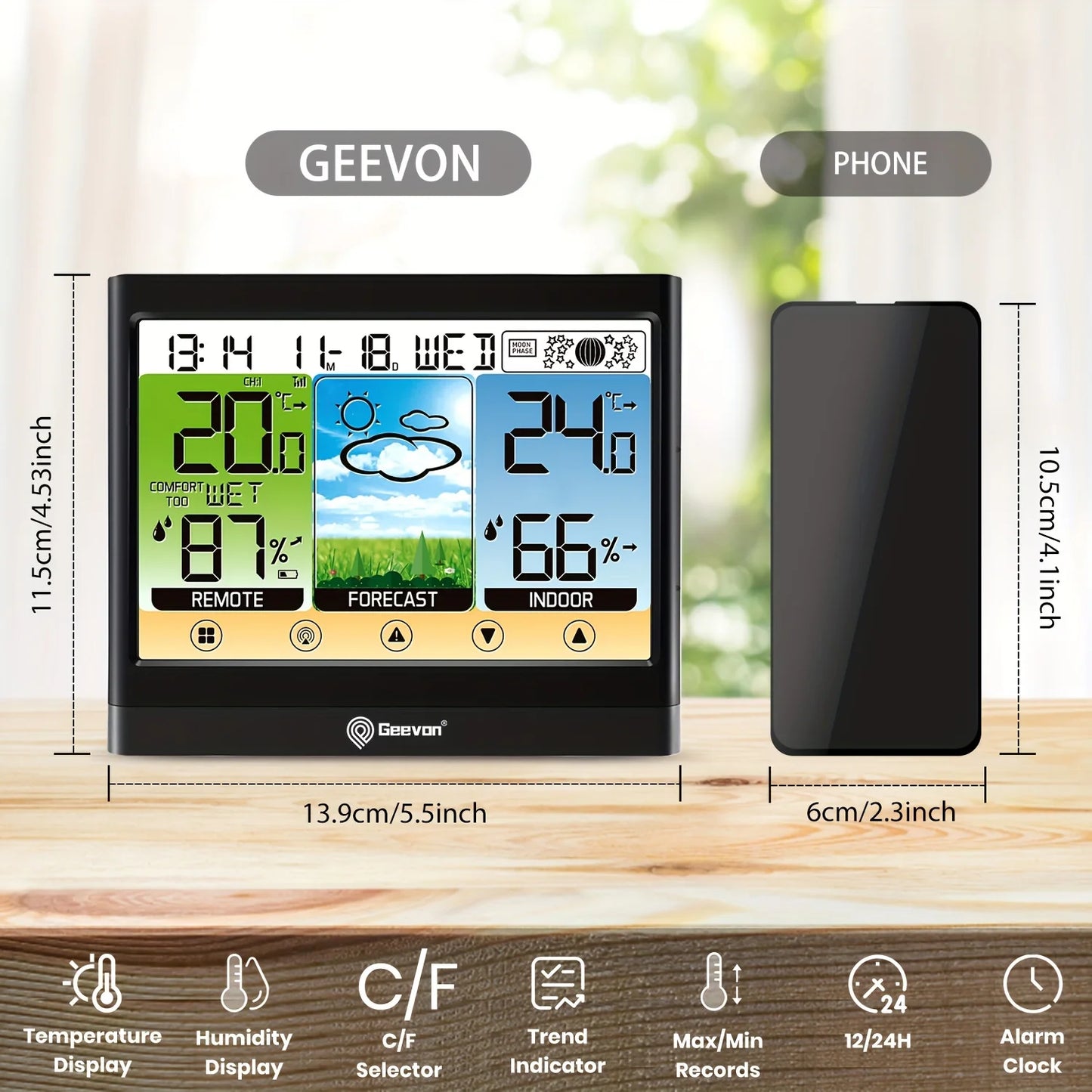 Geevon Weather Station Wireless Indoor Outdoor Thermometer Hygrometer Touch LCD Display with Alarm Clock Adjustable Backlight