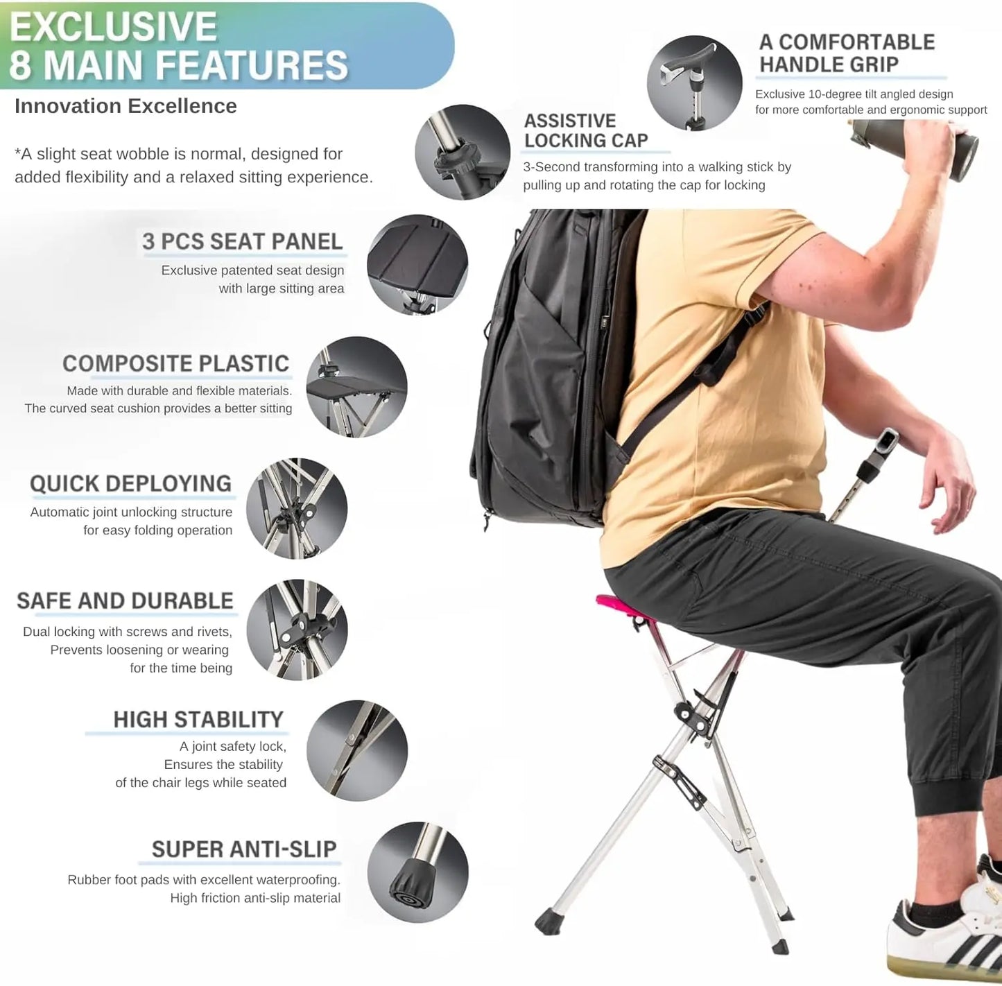 Portable Trekking Hiking Pole with Foldable Seat, Lightweight Aluminum Walking Stick for Easy Carry and Storage