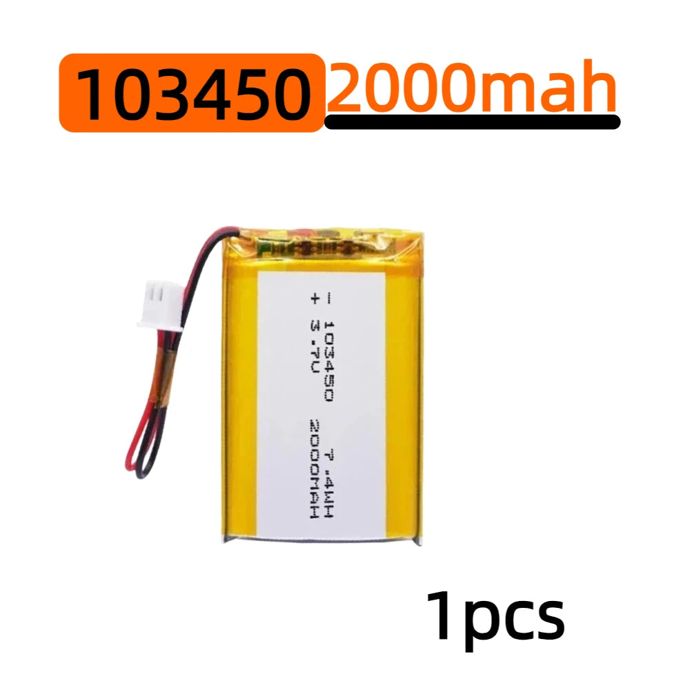 2000mAh 103450 Lithium Polymer Battery 3.7V with JST PH 2.0 Connector – Rechargeable Battery for RC Toys, Electronics