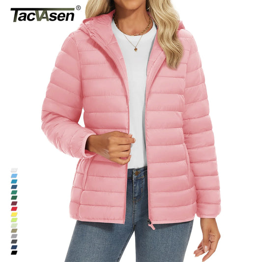 TACVASEN Warm Puffer Jackets Hooded Womens Full Zip Multi-pockets Quilted Jacket Winter Waterproof Camping Down Coat Lightweight