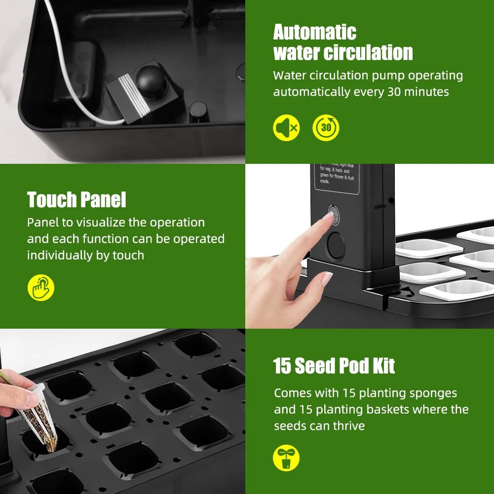 15-Pods Indoor Hydroponic Garden Kit with LED Grow Light Smart Herb Garden System 3.5L Water Tank Adjustable Height Planter