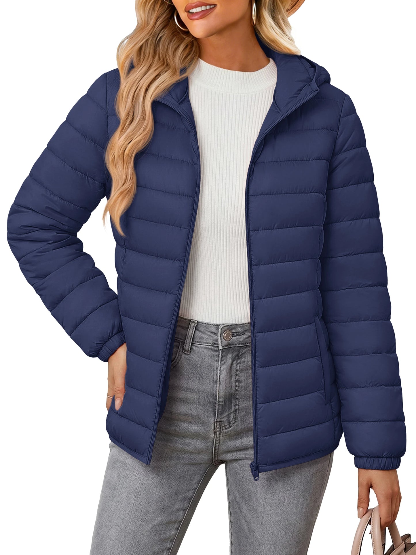 TACVASEN Warm Puffer Jackets Hooded Womens Full Zip Multi-pockets Quilted Jacket Winter Waterproof Camping Down Coat Lightweight