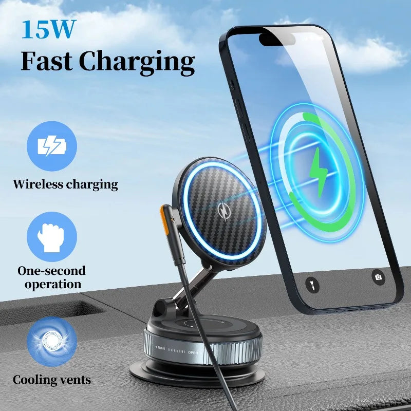 PlusAcc Vacuum Magnetic Car Phone Holder with Wireless Charger 360° Adjustable Suction Cup Mount for iPhone 17/16/15/14 Pro Max
