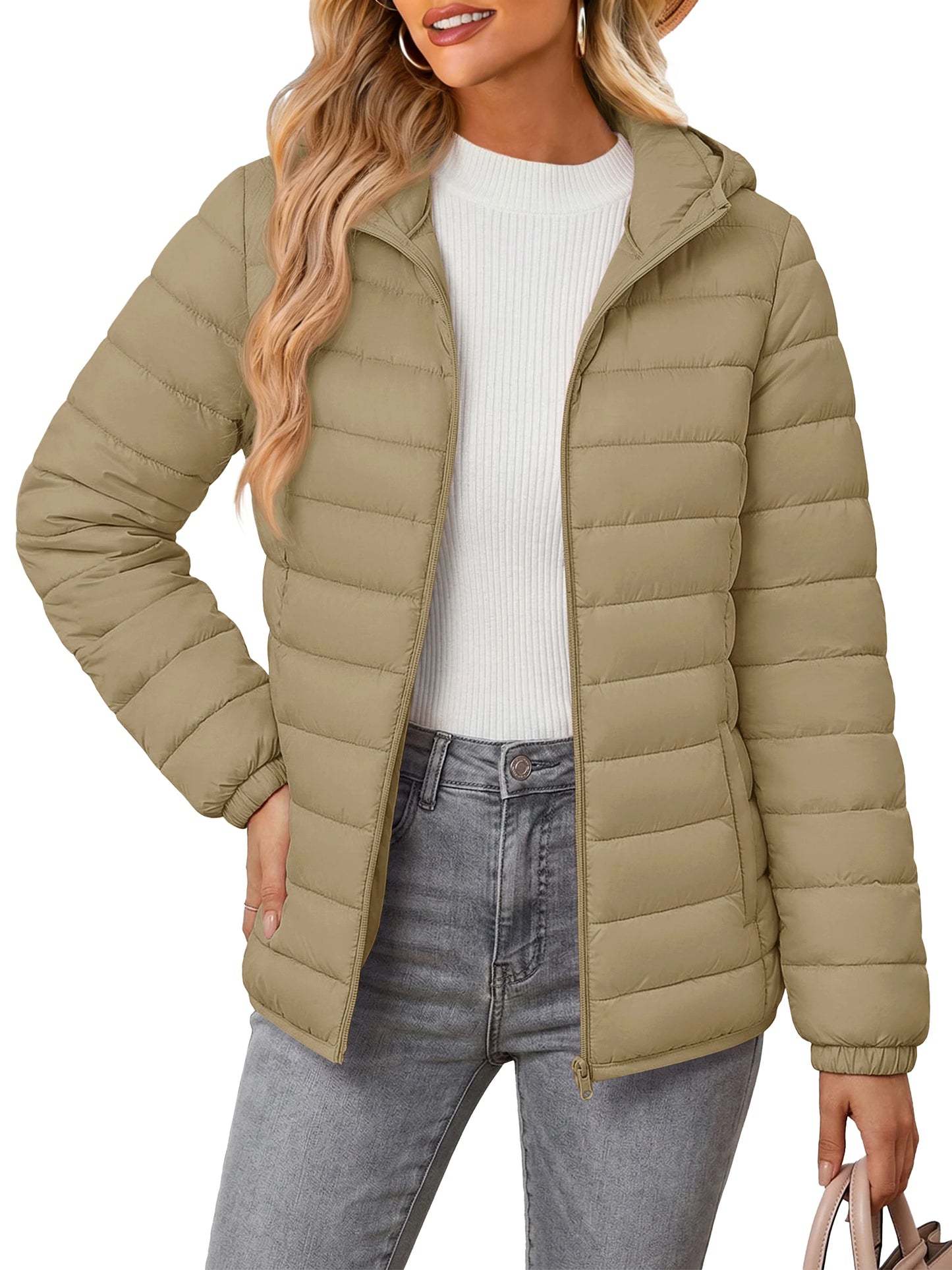 TACVASEN Warm Puffer Jackets Hooded Womens Full Zip Multi-pockets Quilted Jacket Winter Waterproof Camping Down Coat Lightweight
