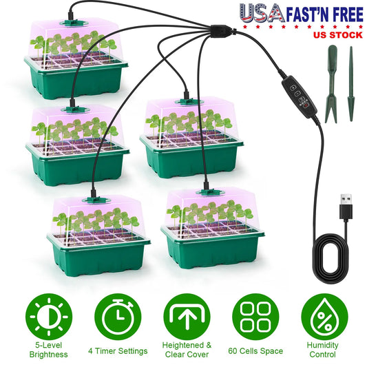[US Stock] 5 Pack Seed Starter Trays with Grow Light 60 Cells Seedling Starter Kit Full Spectrum Indoor Plant Greenhouse with Ti