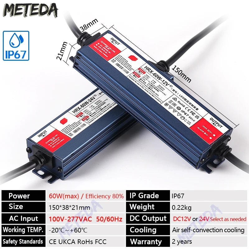 IP67 waterproof power supply DC 12V 24V LED outdoor lighting transformer LED driver 60W 100W 200W 300W 400W 500W 600W