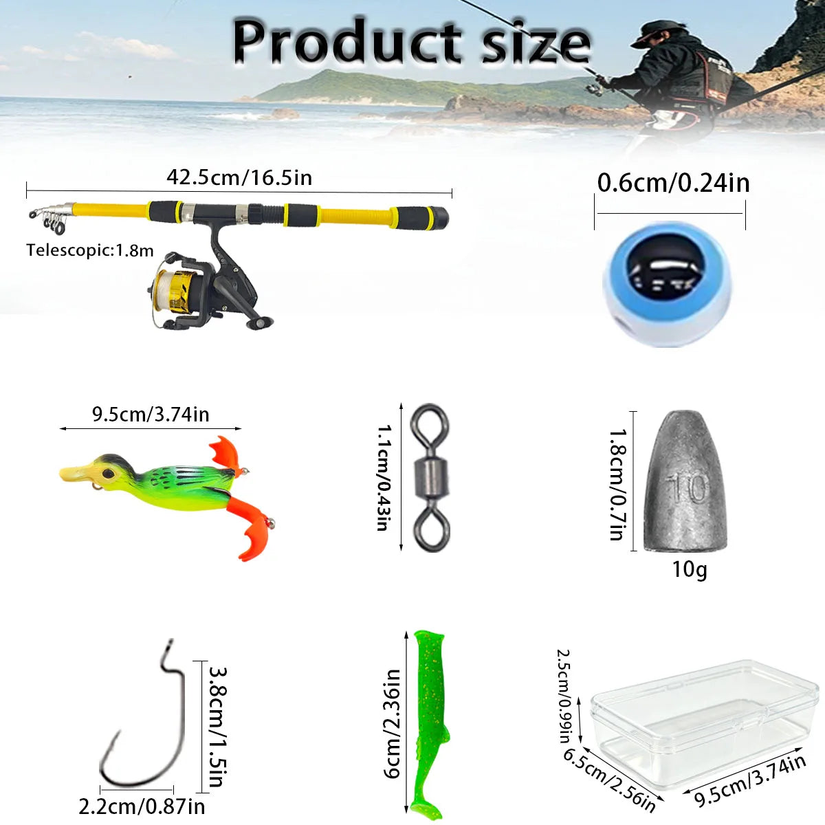 Portable Telescopic Fishing Rod Spinning Reel Full Kit 45Pcs Fishing Tackle Box with Duck Soft Lures Worm Baits Hooks Sinkers Sw